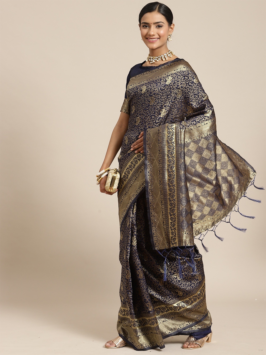 

KALINI Navy Blue & Gold-Toned Ethnic Motifs Zari Banarasi Saree