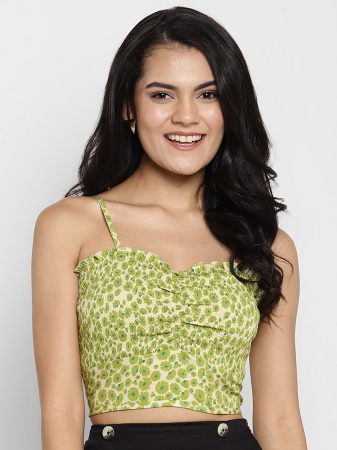 

DEEBACO Green Floral Printed Smocked Crepe Crop Top