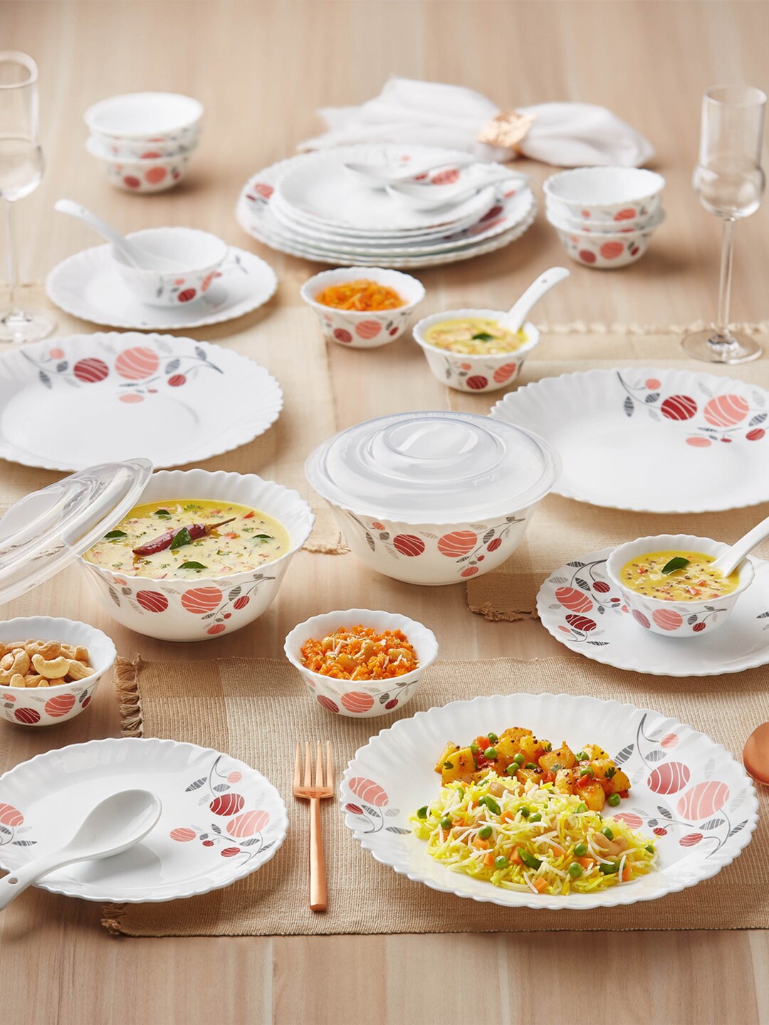 

Larah by BOROSIL Dahlia White 34 Pieces Floral Printed Opalware Glossy Dinner Set