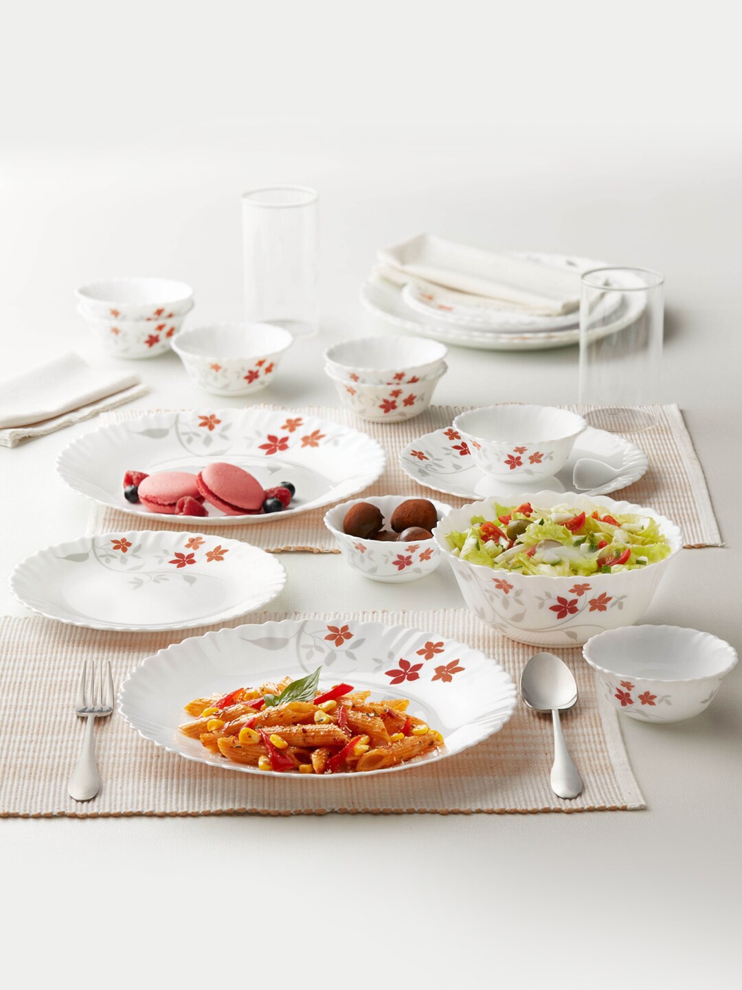 

Larah by BOROSIL Rosalie White 17 Pieces Floral Printed Opalware Rosalie Dinner Set