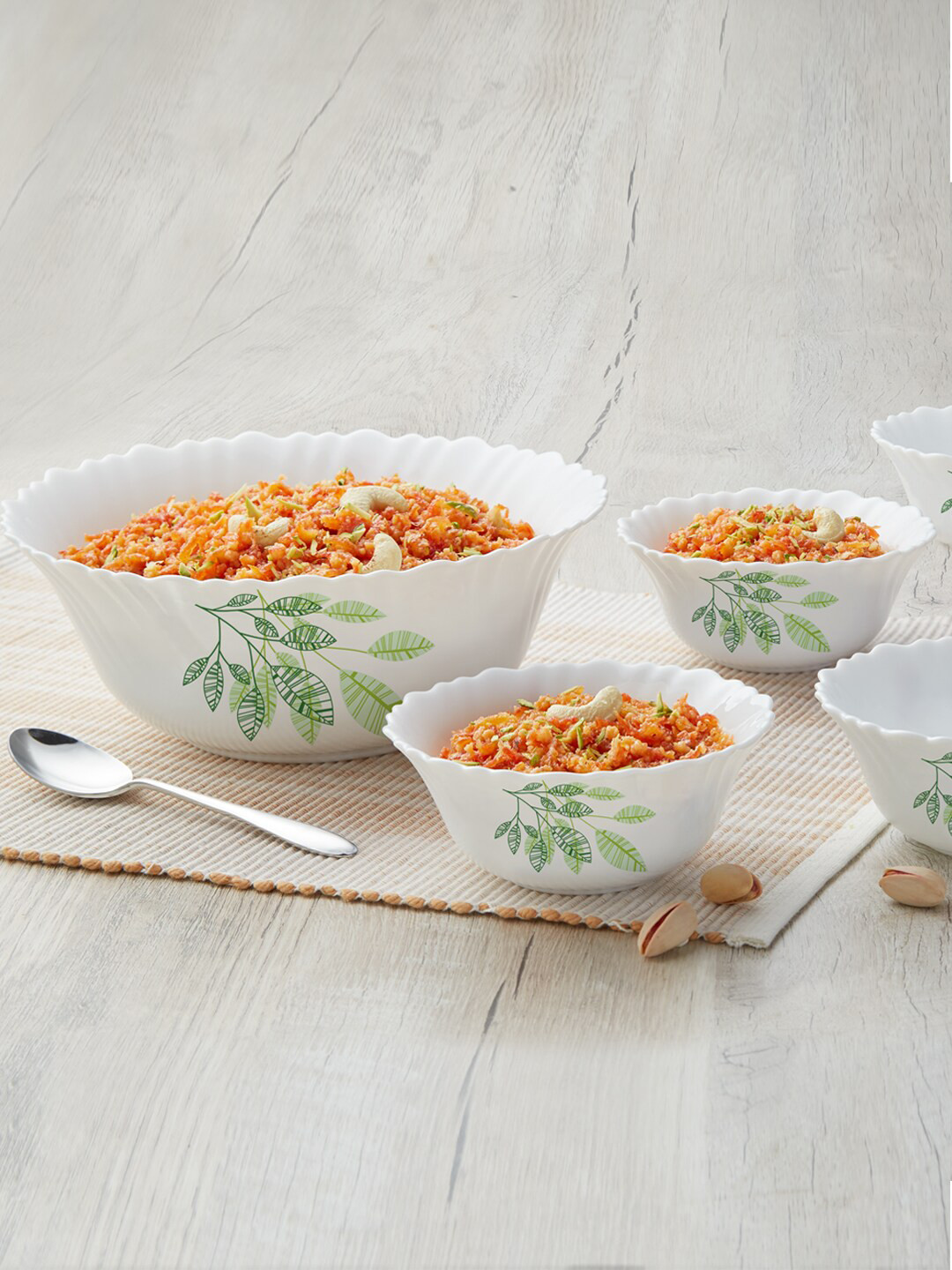 

Larah by BOROSIL Galaxy Fauna Set of 5 White & Green Floral Printed Opalware Glossy Bowls