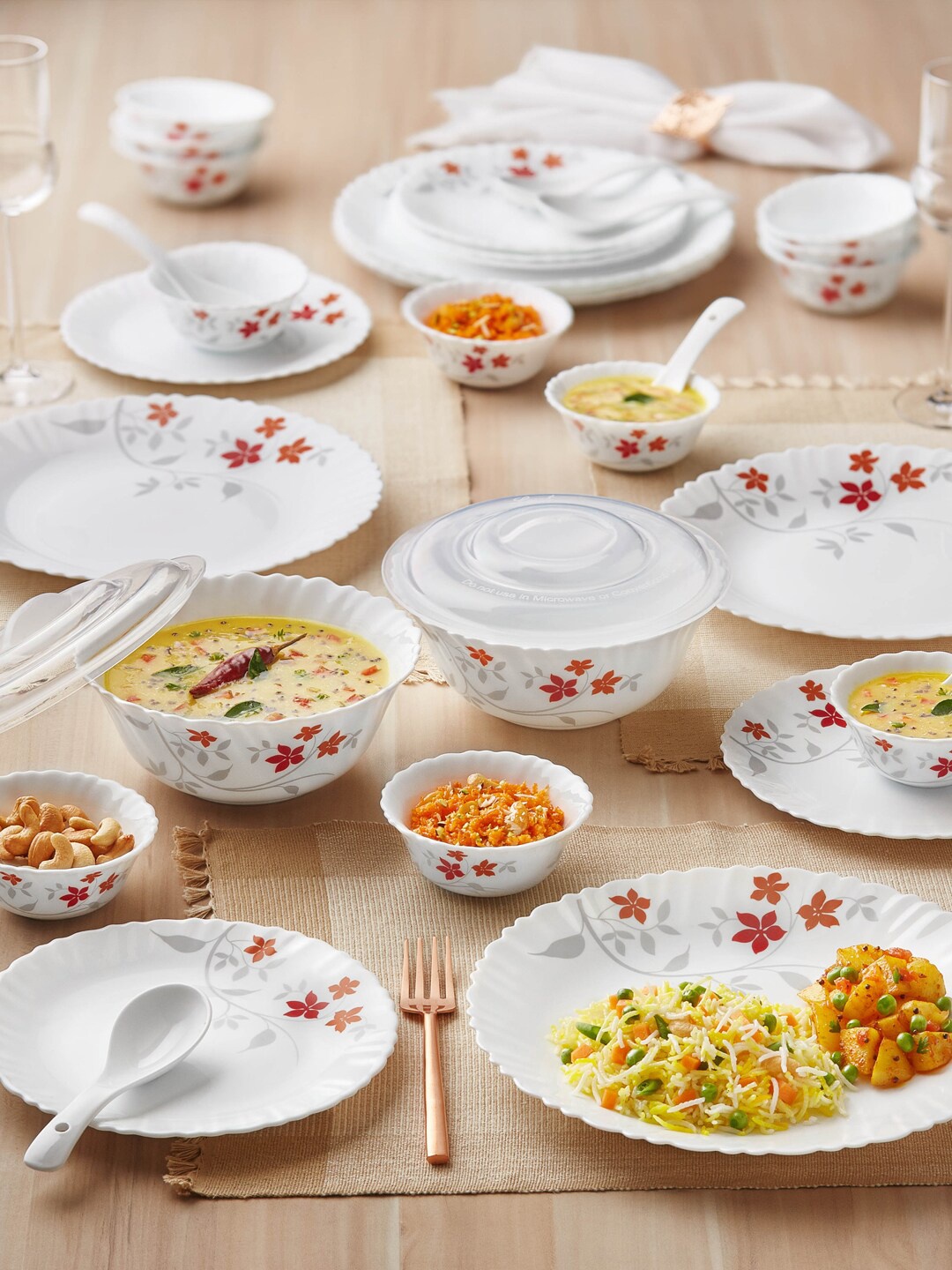 

Larah by BOROSIL Rosalie White 34 Pieces Floral Printed Opalware Glossy Dinner Set