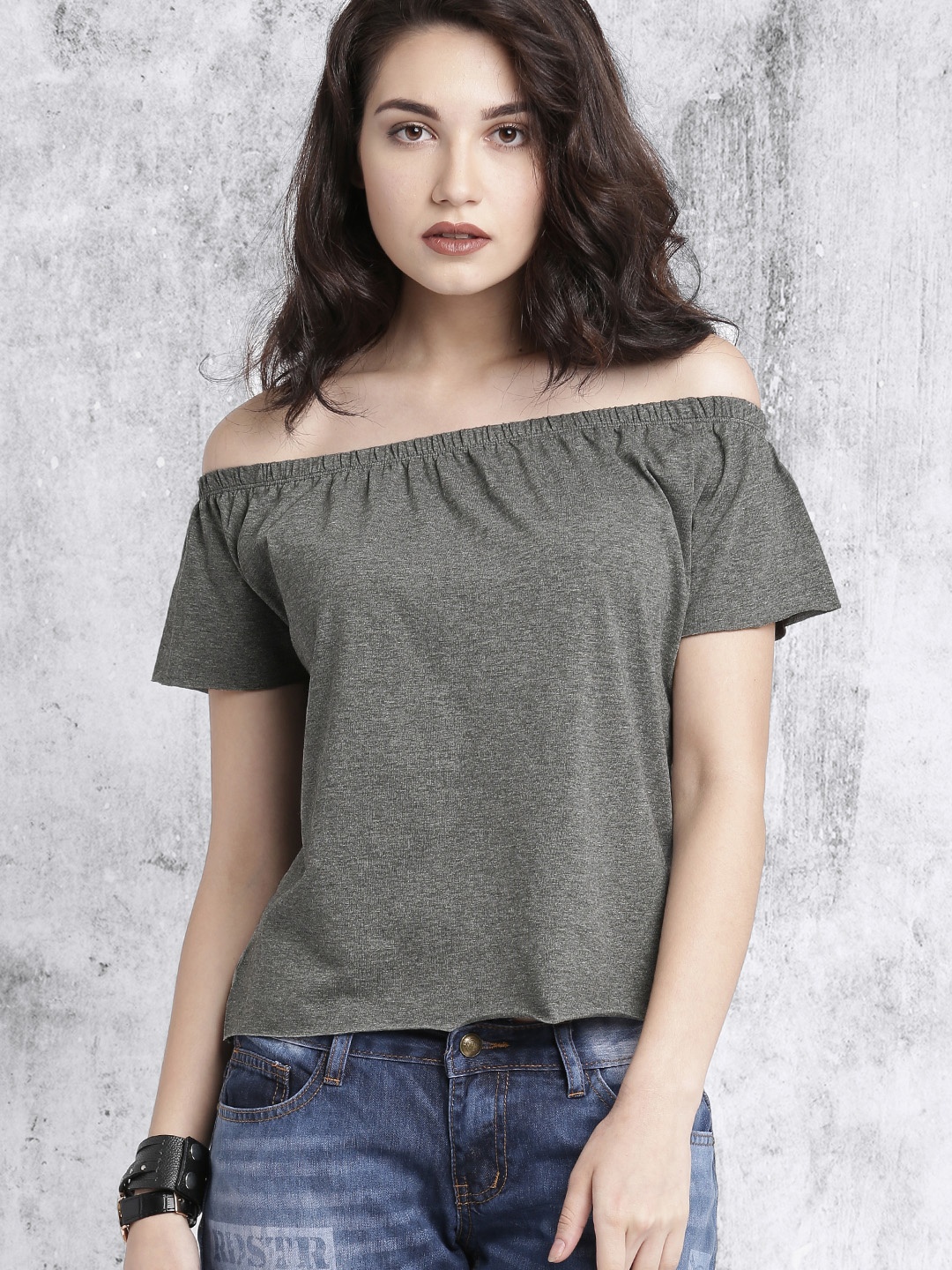 

Roadster Women Grey Melange Solid Bardot Top