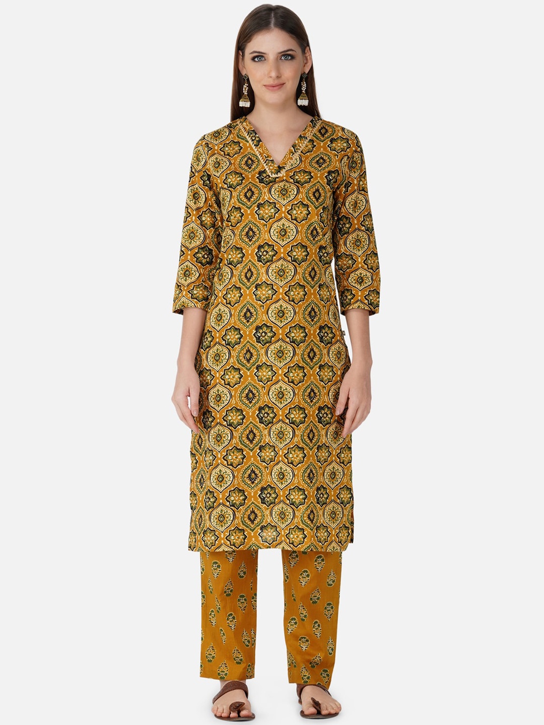 

FABNEST Women Mustard Yellow Ethnic Motifs Printed Cotton Kurta