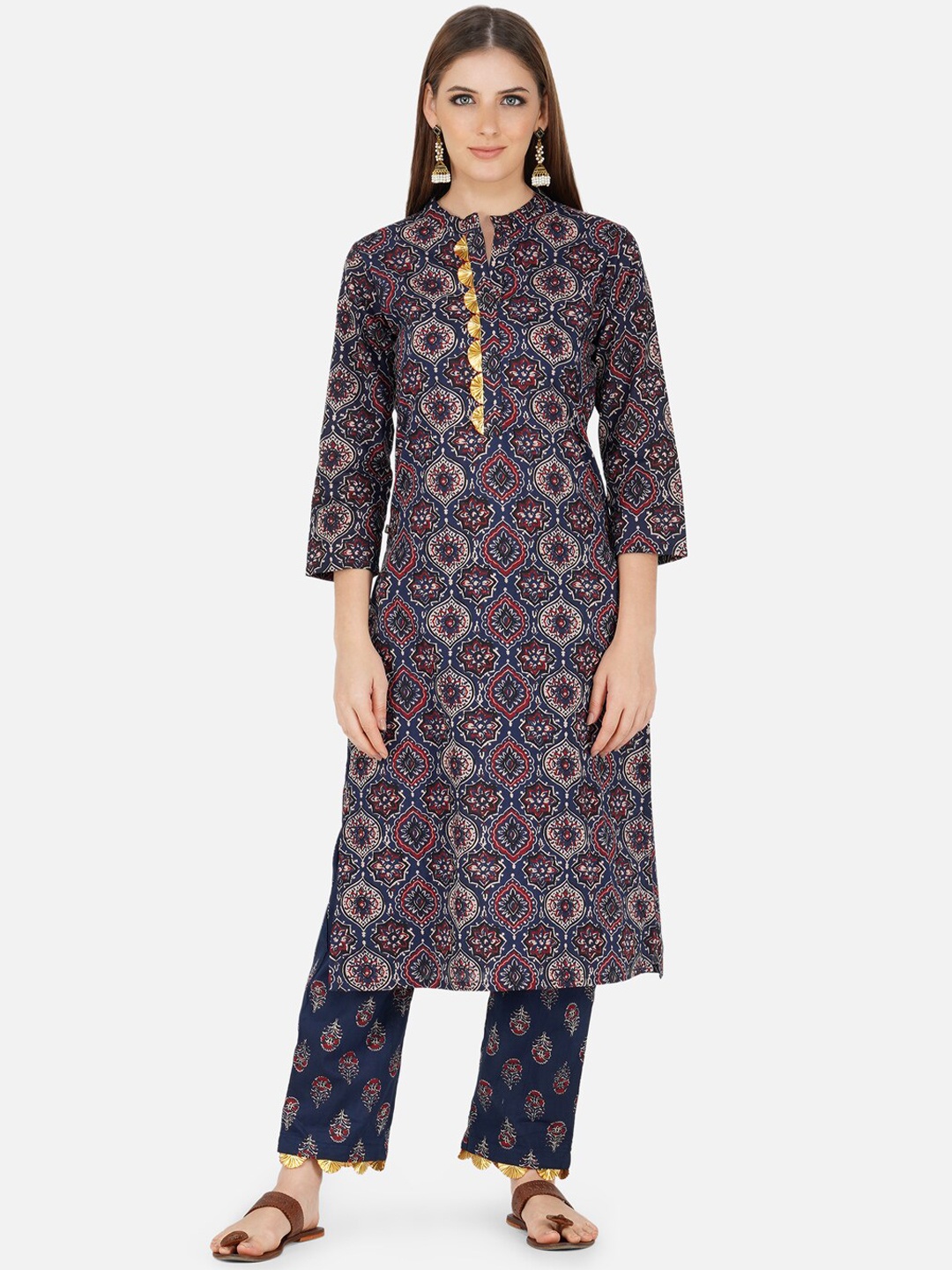 

FABNEST Women Navy Blue & Red Ethnic Motifs Printed Kurta