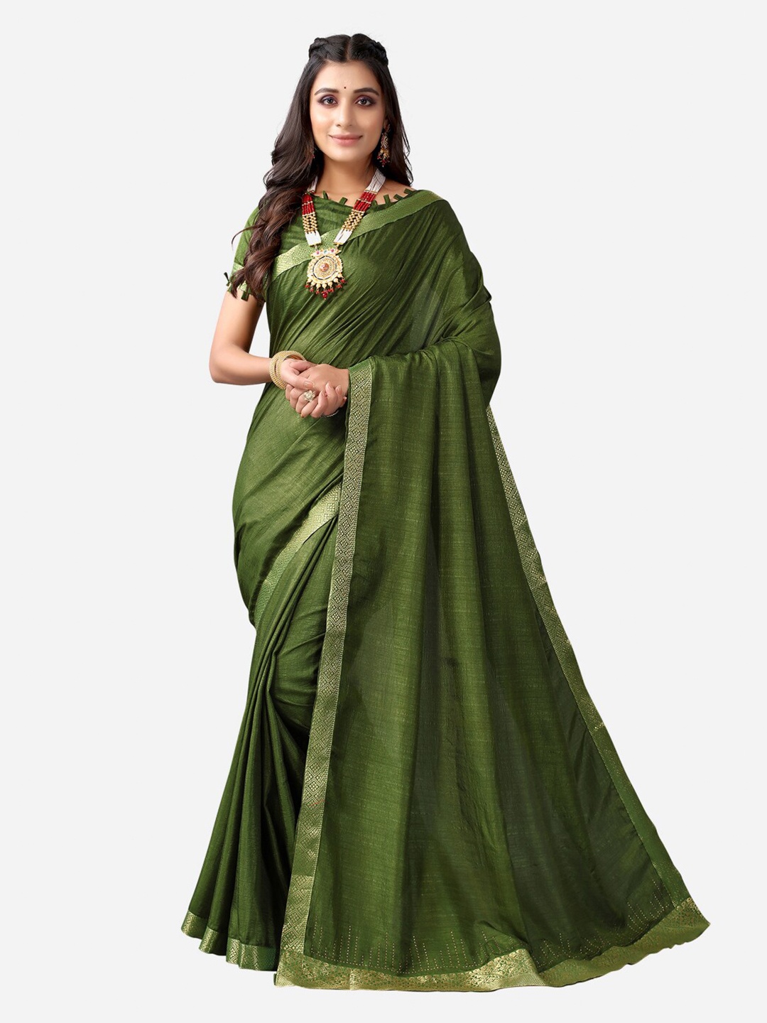 

KALINI Olive Green & Gold-Toned Solid Zari Saree