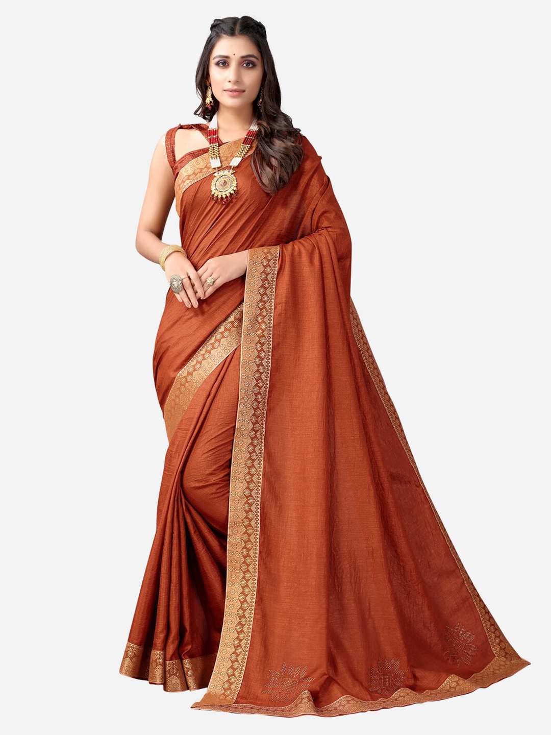 

KALINI Rust & Gold-Toned Poly Silk Dyed Zari Saree