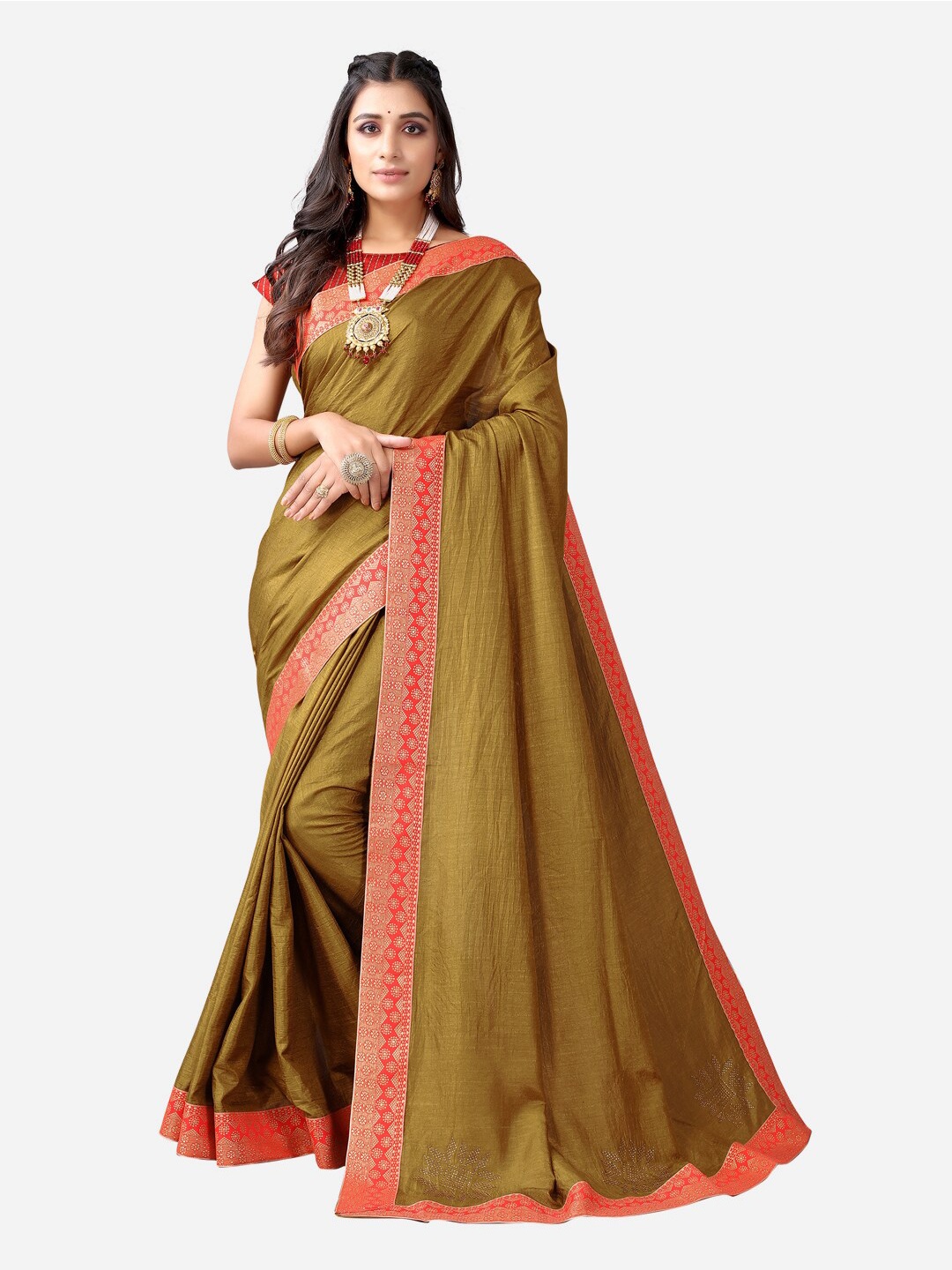 

KALINI Gold-Toned & Red Zari Saree