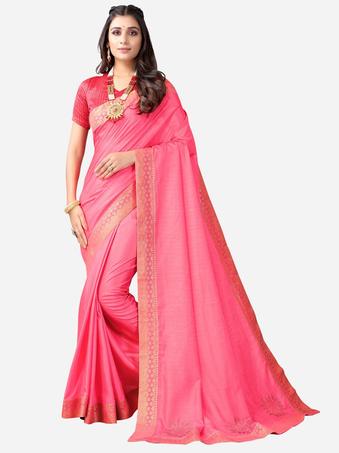 

KALINI Pink & Gold-Toned Solid Zari Saree