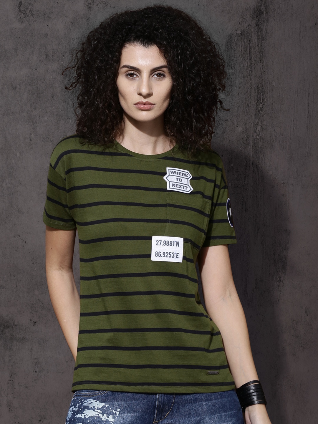 

Roadster Women Olive Green Navy Striped Round Neck Pure Cotton T-shirt