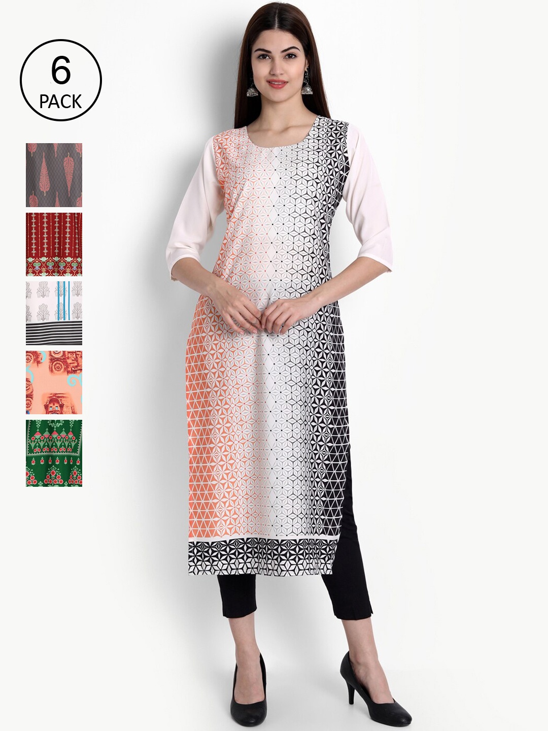 

Ethnic basket Women Pack of 6 White & Green Ethnic Motifs Printed Crepe Kurtas