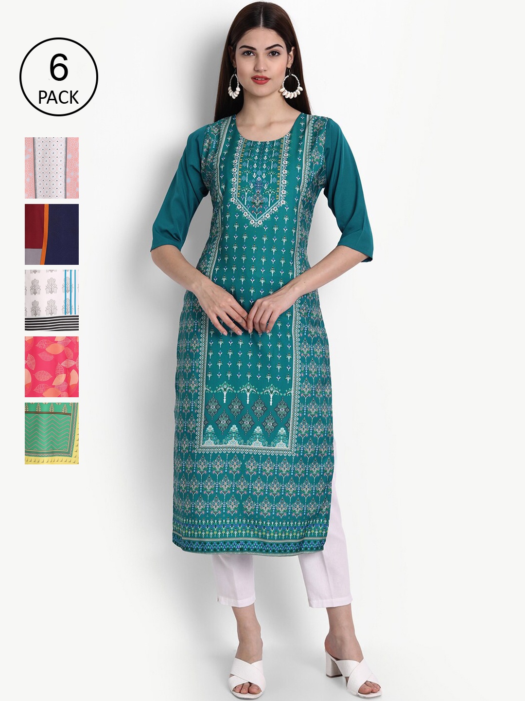 

Ethnic basket Women Pack of 6 Teal Blue & White Geometric Printed Crepe Kurtas