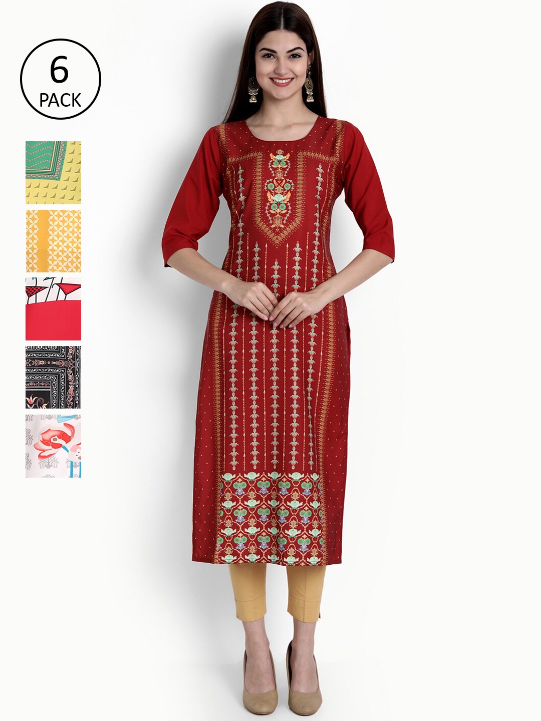 

Ethnic basket Women Pack of 6 Maroon & Red Geometric Printed Crepe Kurtas