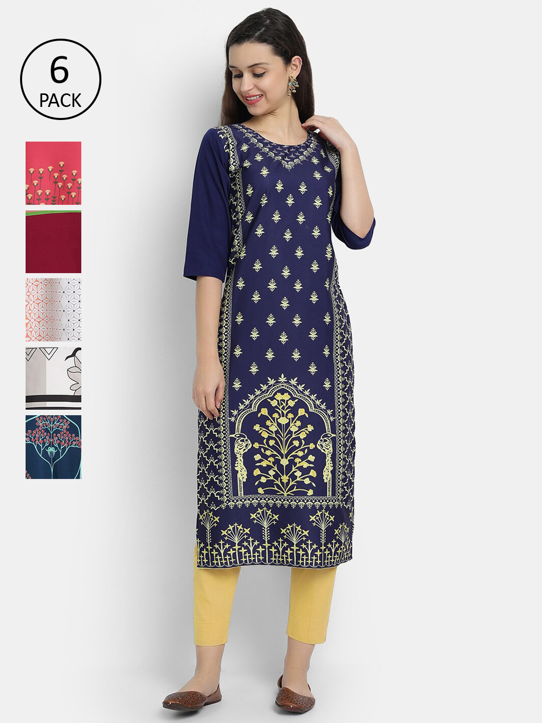

Ethnic basket Women Pack of 6 Digital Printed Straight Kurtas, Navy blue