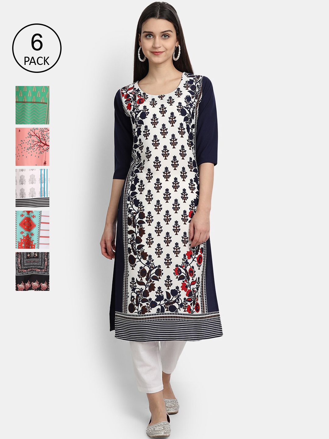 

Ethnic basket Women Pack of 6 White & Peach-Coloured Printed Crepe Kurtas