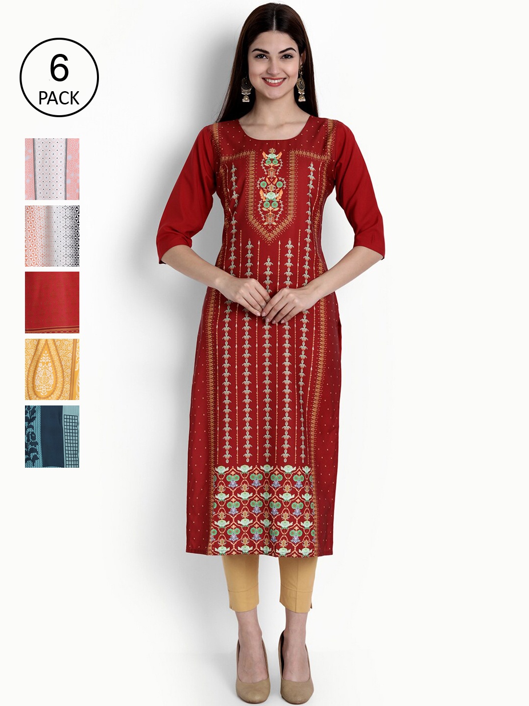 

Ethnic basket Women Pack of 6 Crepe Kurta, Red
