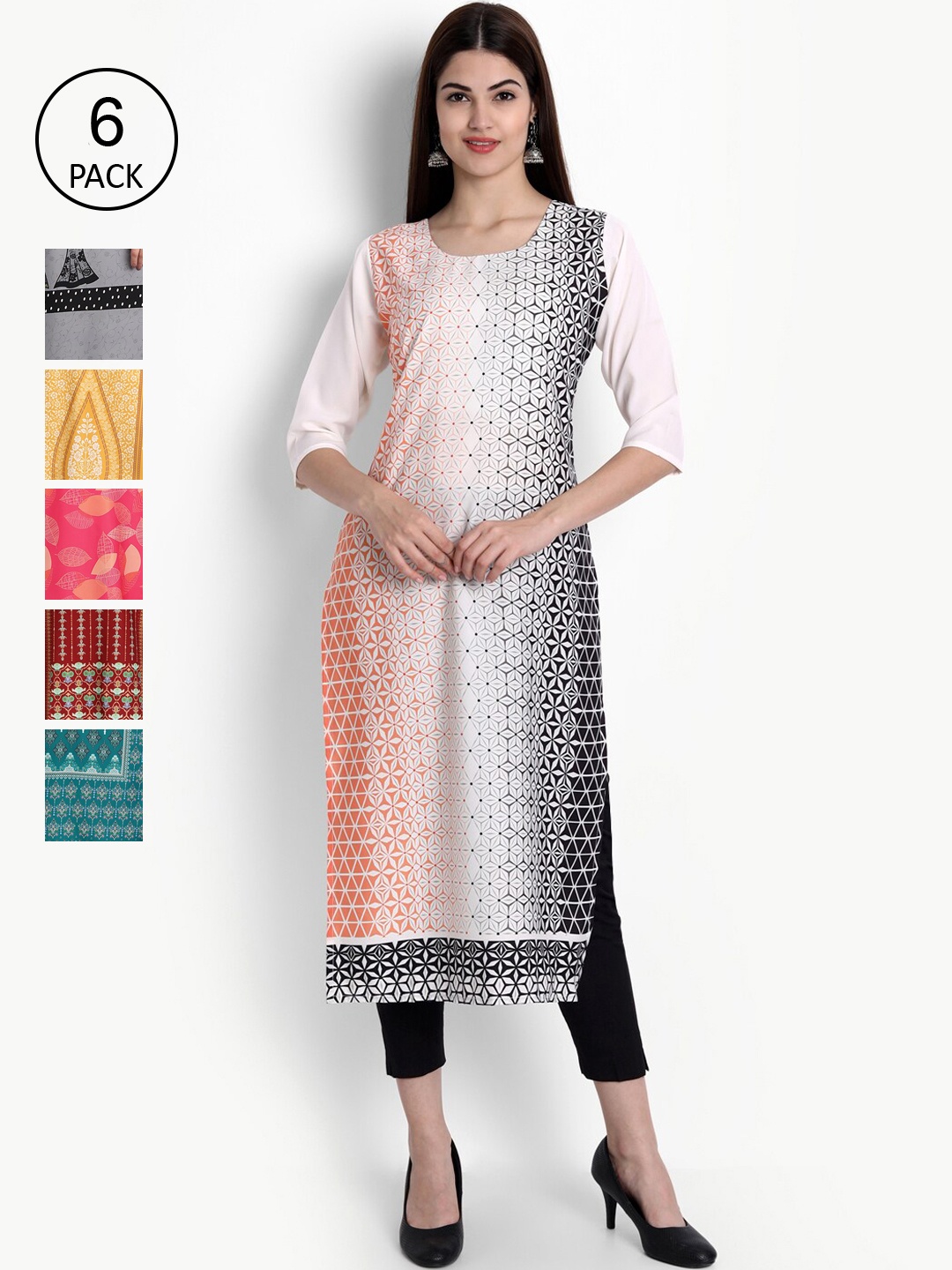 

Ethnic basket Women Pack of 6 Digital Printed Straight Kurtas, Peach