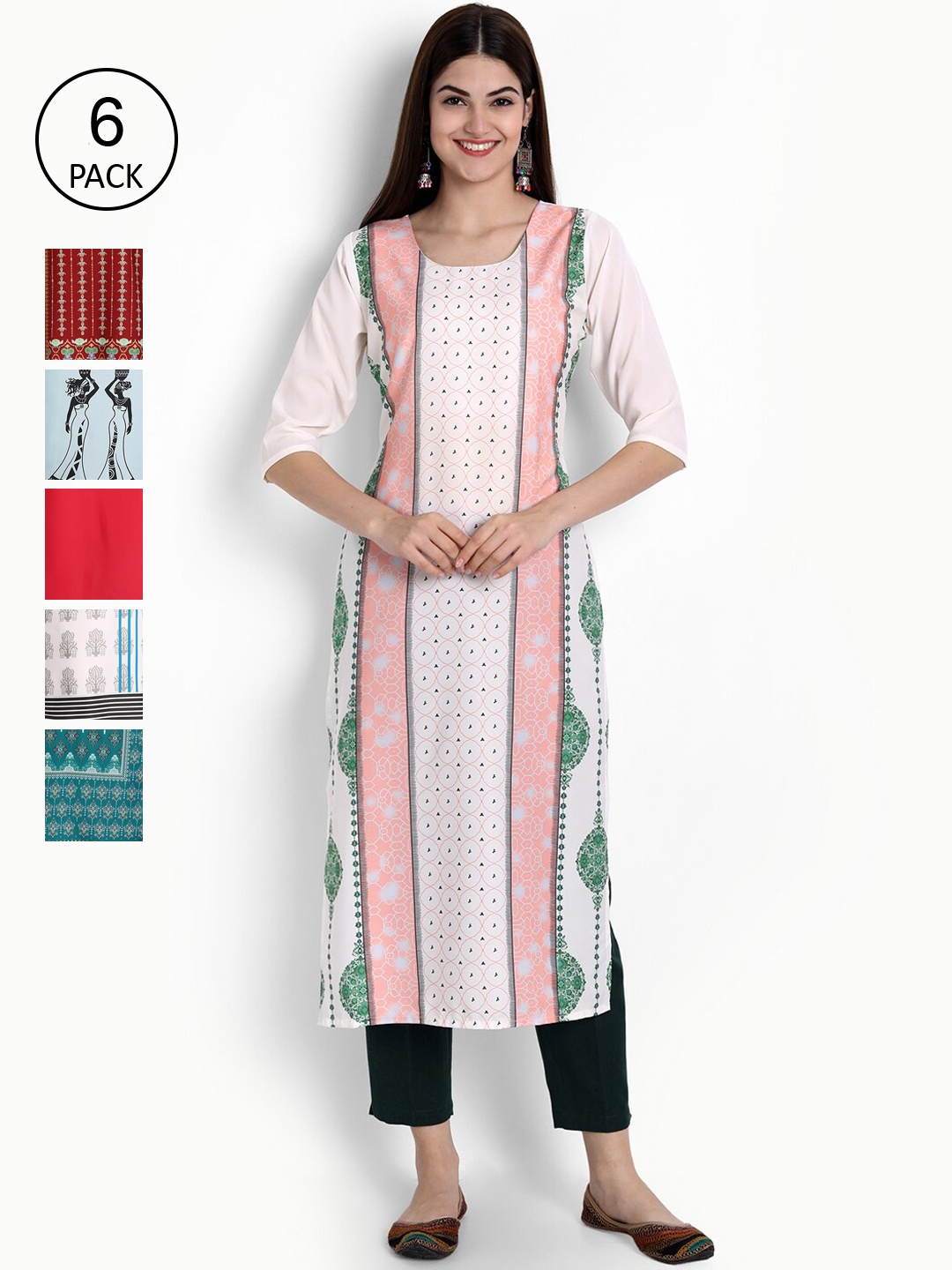 

Ethnic basket Women Pack of 6 White & Maroon Ethnic Motifs Printed Crepe Kurtas