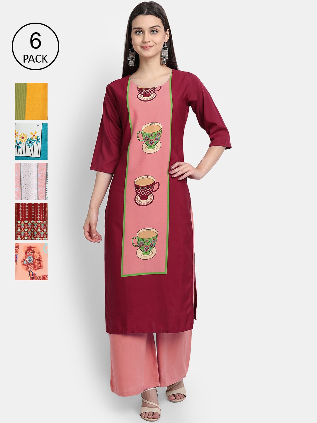 

Ethnic basket Women Pack of 6 Digital Printed Straight Kurtas, Maroon