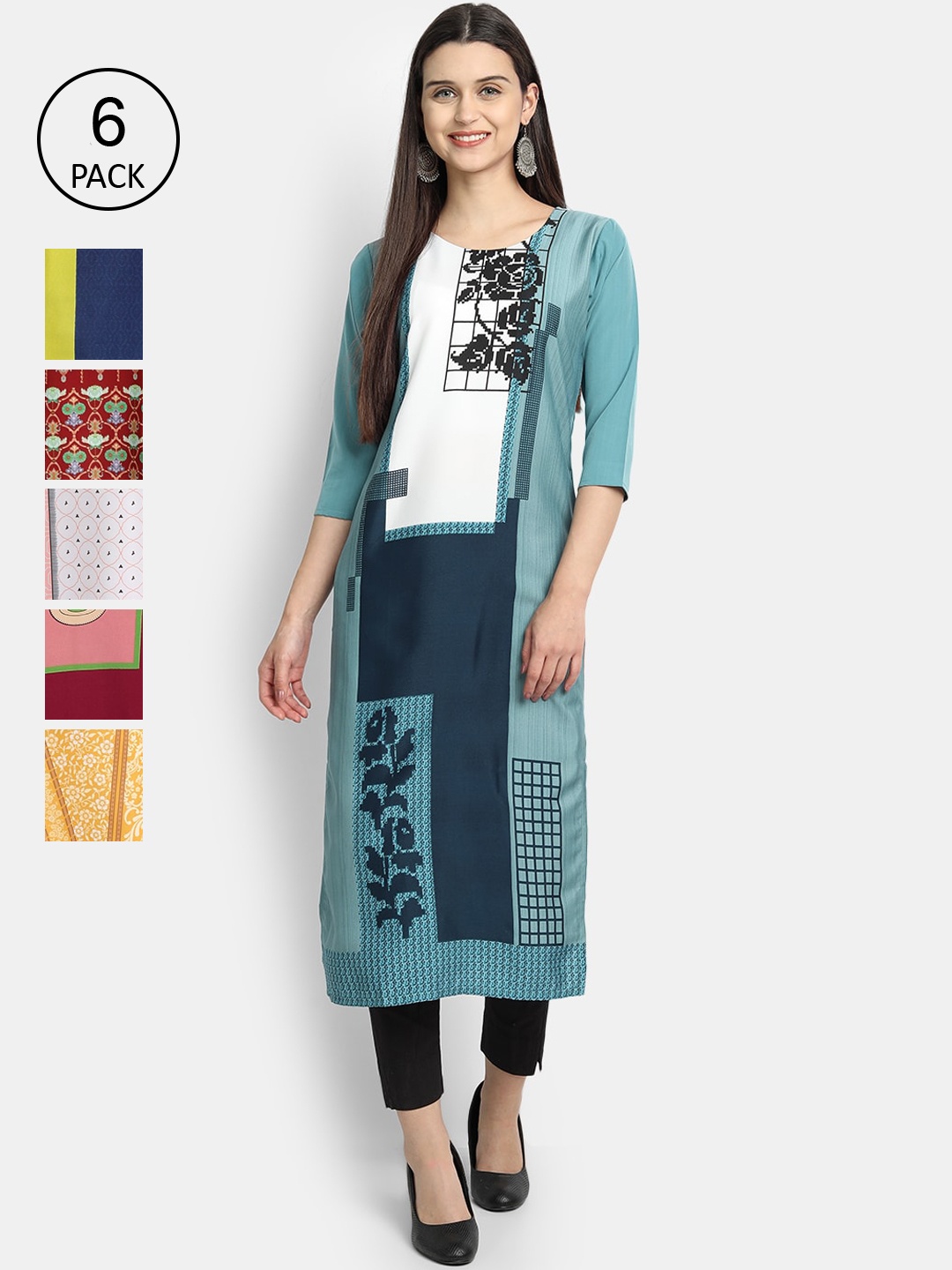 

Ethnic basket Women Pack of 6 Teal & Red Ethnic Motifs Printed Crepe Kurtas