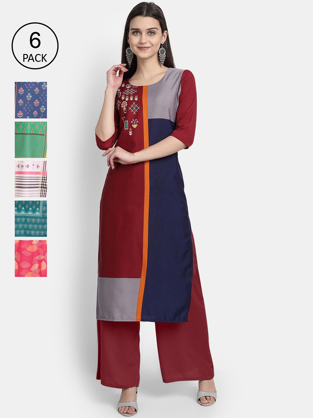 

Ethnic basket Women Pack of 6 Digital Printed Straight Kurtas, Maroon