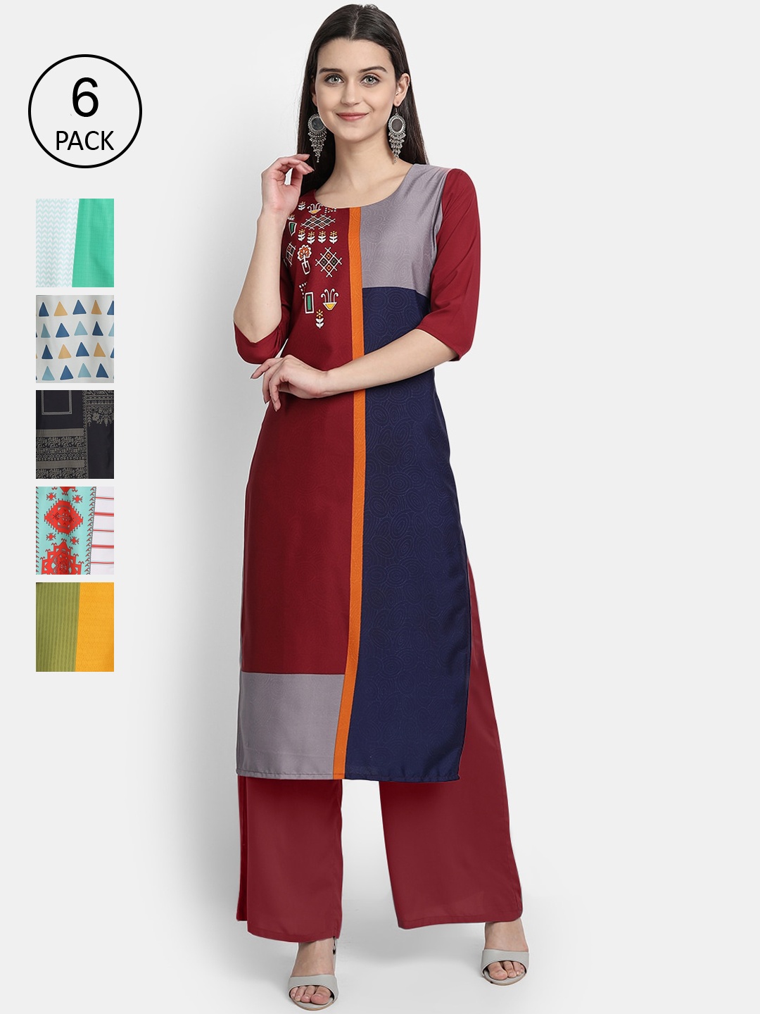 

Ethnic basket Women Pack of 6 Digital Printed Straight Kurtas, Maroon
