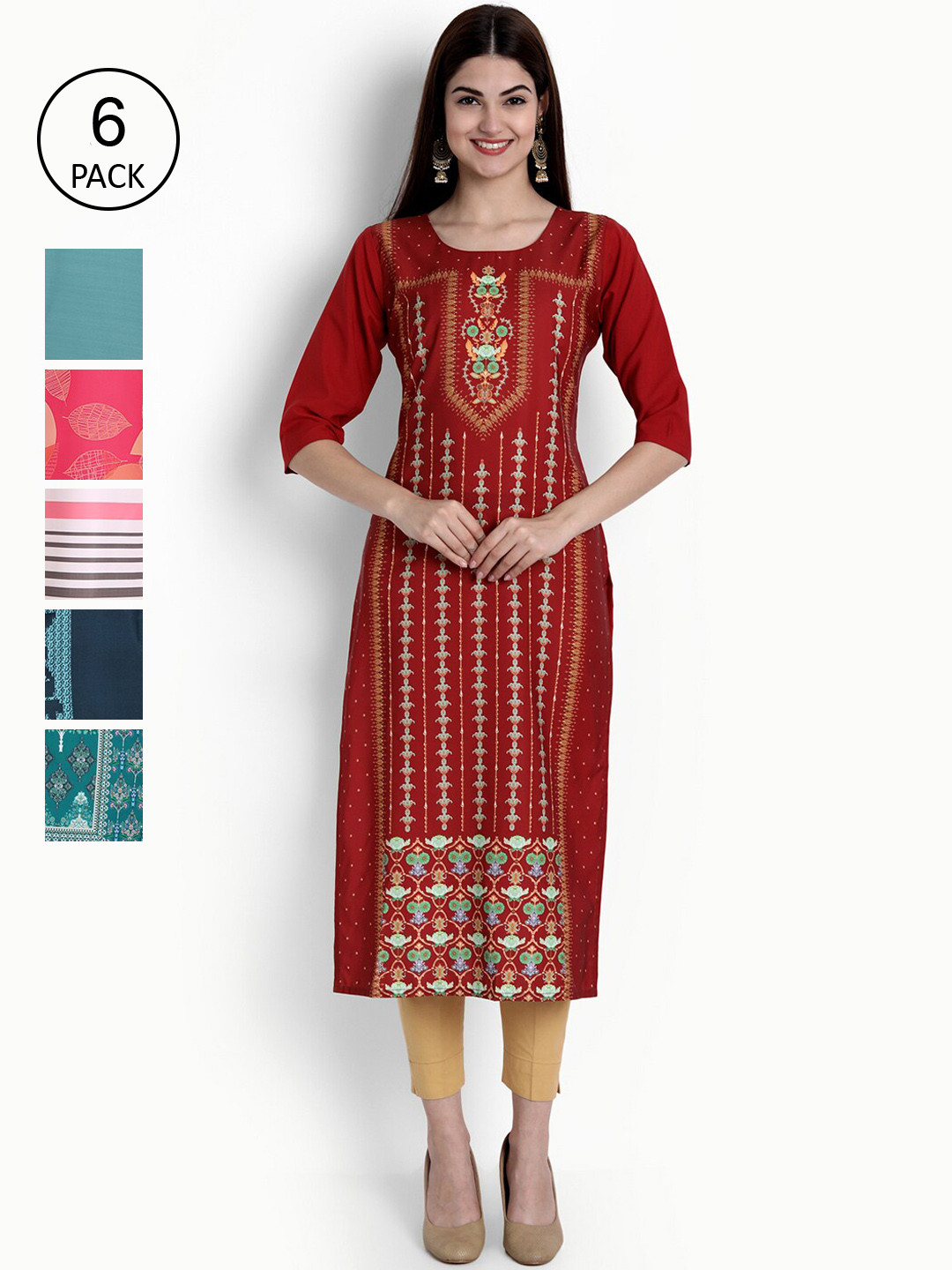 

Ethnic basket Women Pack of 6 Digital Printed Straight Kurtas, Maroon