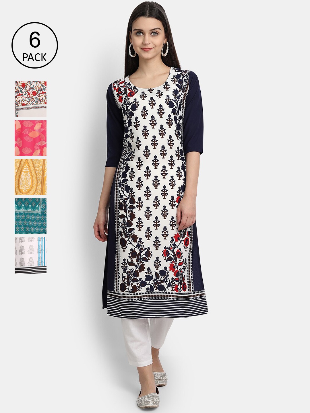 

Ethnic basket Women Pack of 6 Digital Printed Straight Kurtas, White