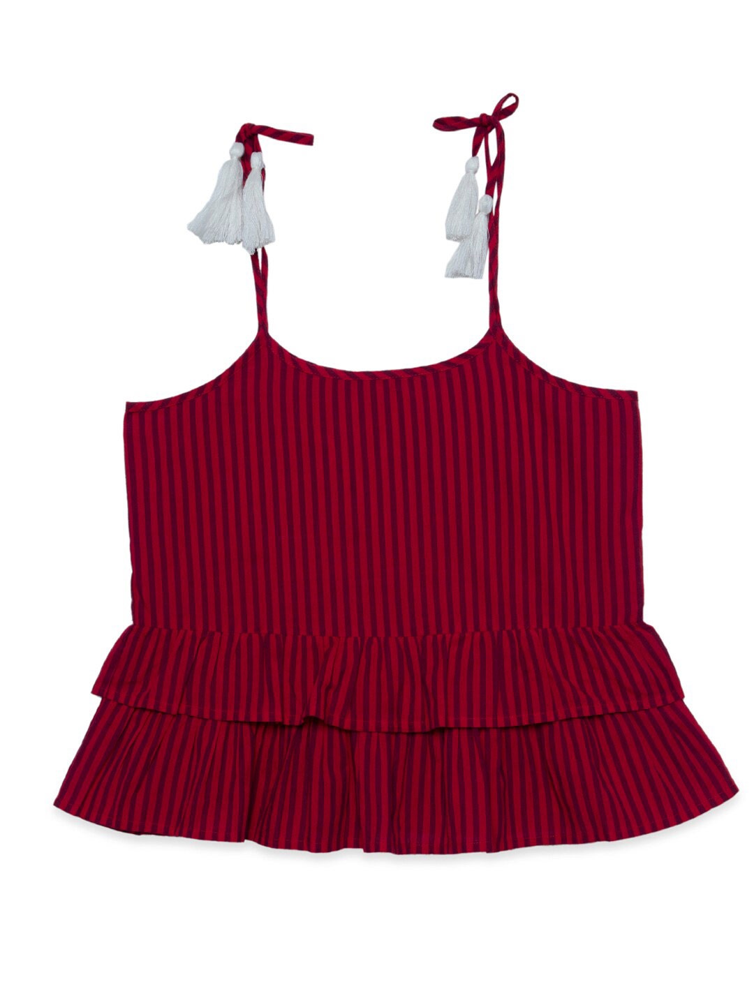 

Hoop Hippo Maroon & Black Striped Spagetti Tassels Top