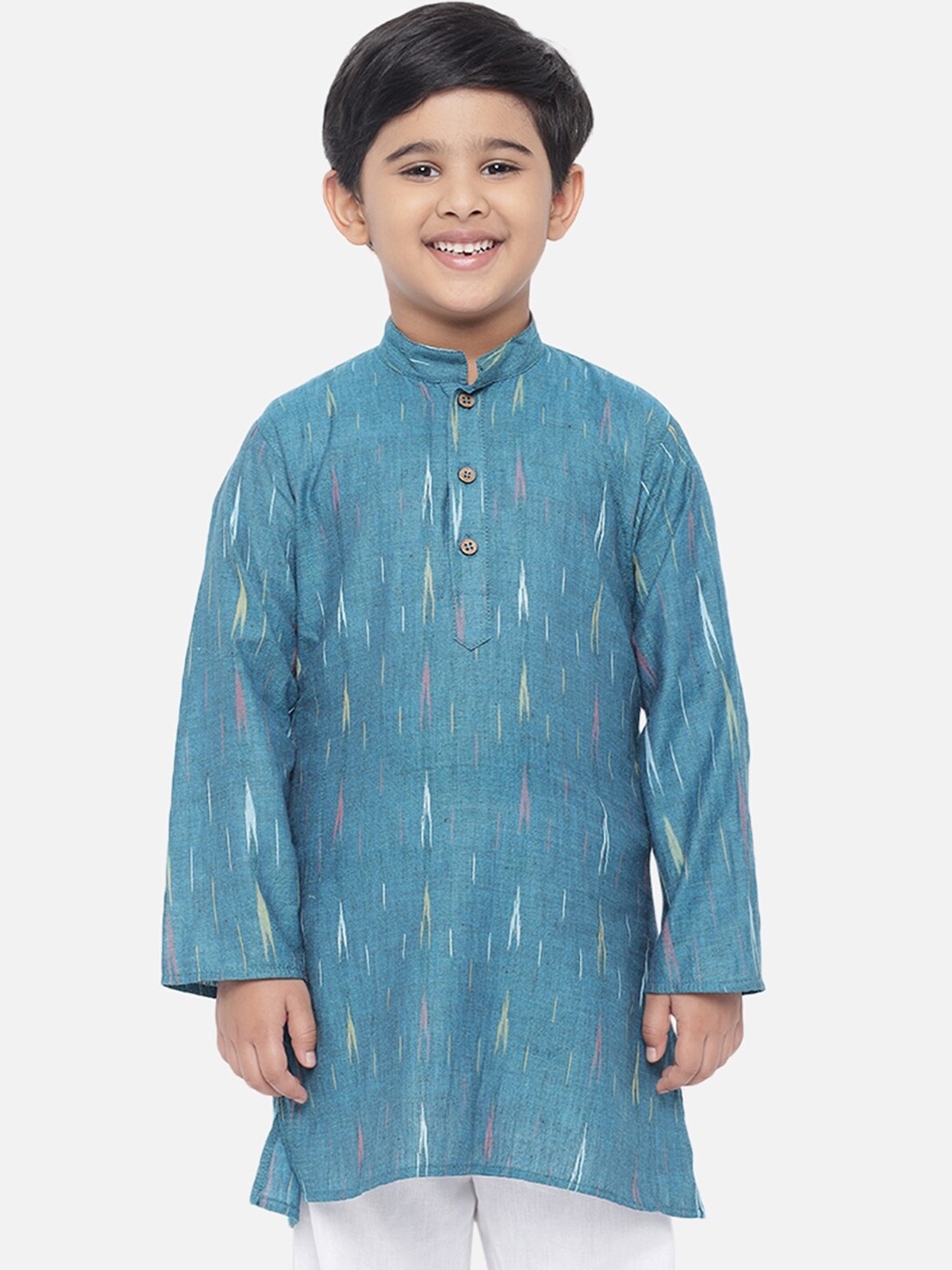 

Vastraa Fusion Boys Teal Ikat Print Cotton Kurta