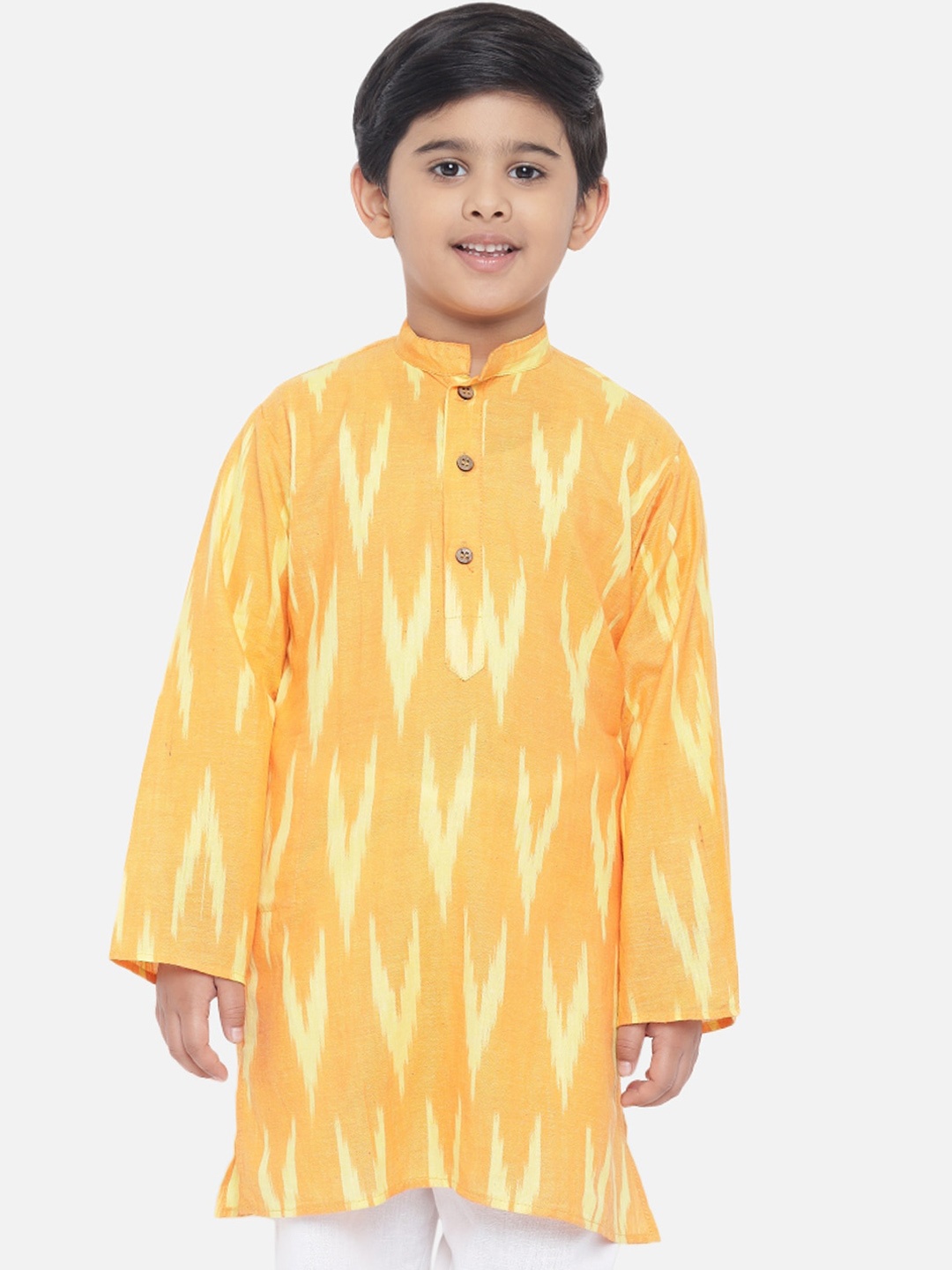 

Vastraa Fusion Boys Yellow Ikat Print Thread Work Kurta