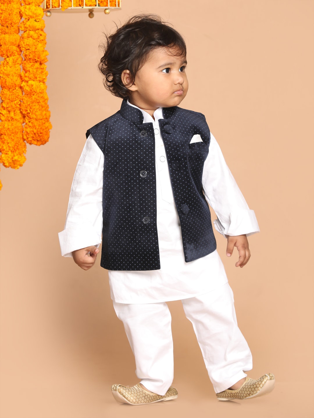 

VASTRAMAY Boys Navy Blue & White Printed Velvet Nehru Jacket