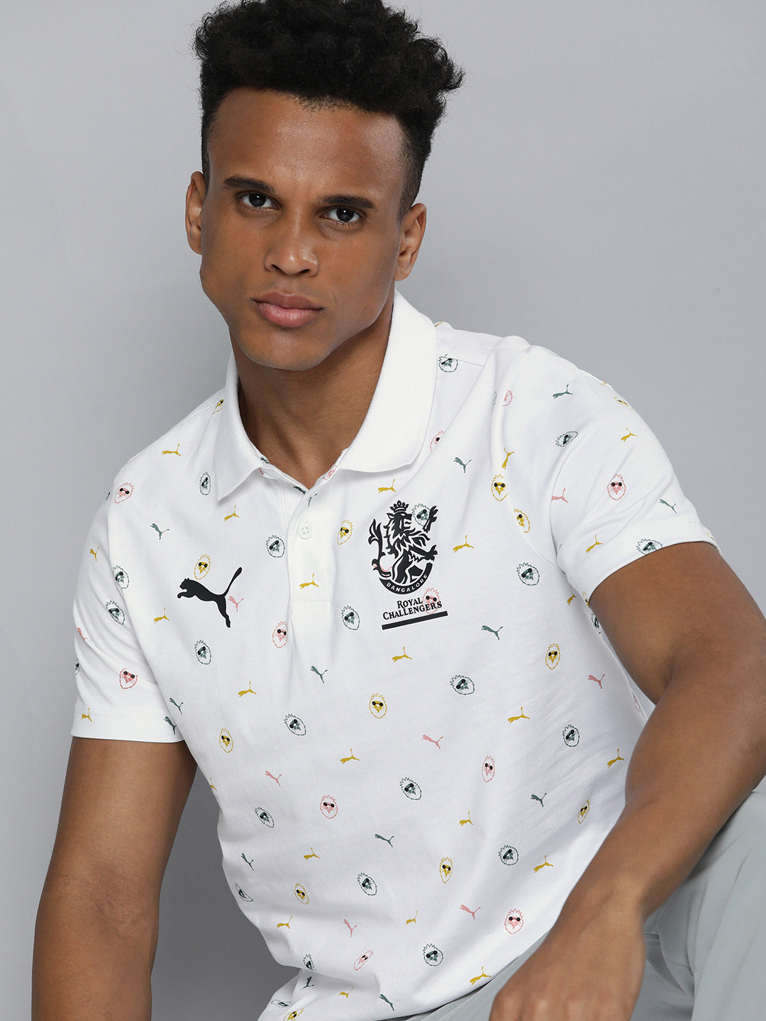 

Puma x Men White & Green Royal Challengers Bangalore AOP Printed Polo Collar T-shirt