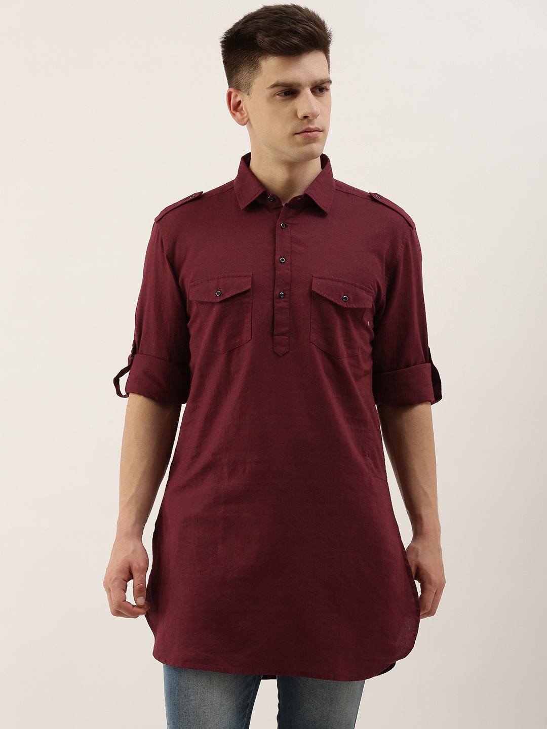 

IVOC Men Maroon Solid Pure Cotton Pathani Kurta
