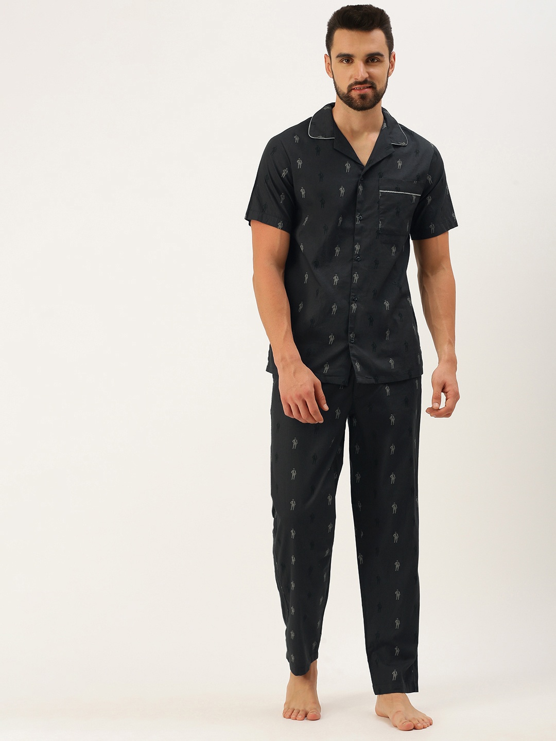 

IVOC Men Navy Blue & Grey Printed Cotton Night suit