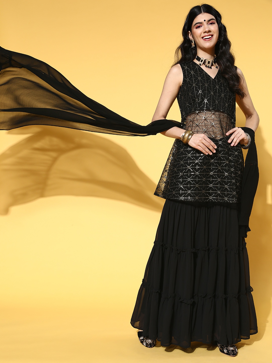 

Inddus Women Black Geometric Net Swirling Volume Kurta Set