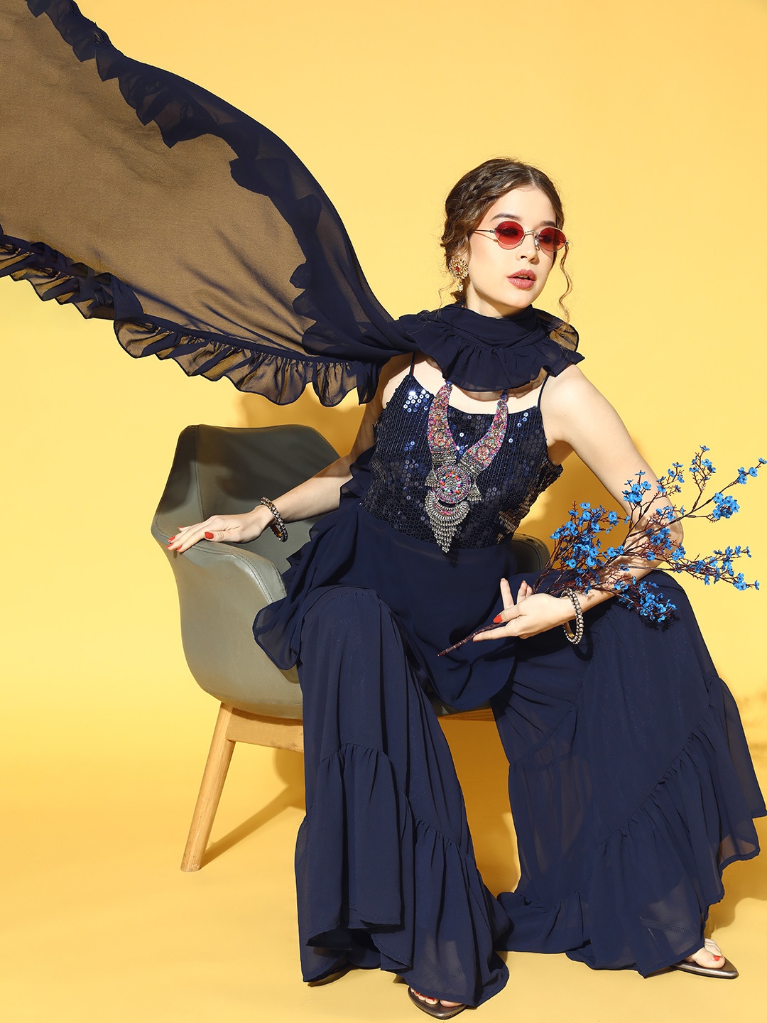 

Inddus Women Navy Blue Sequinned Kurta with Sharara & Dupatta