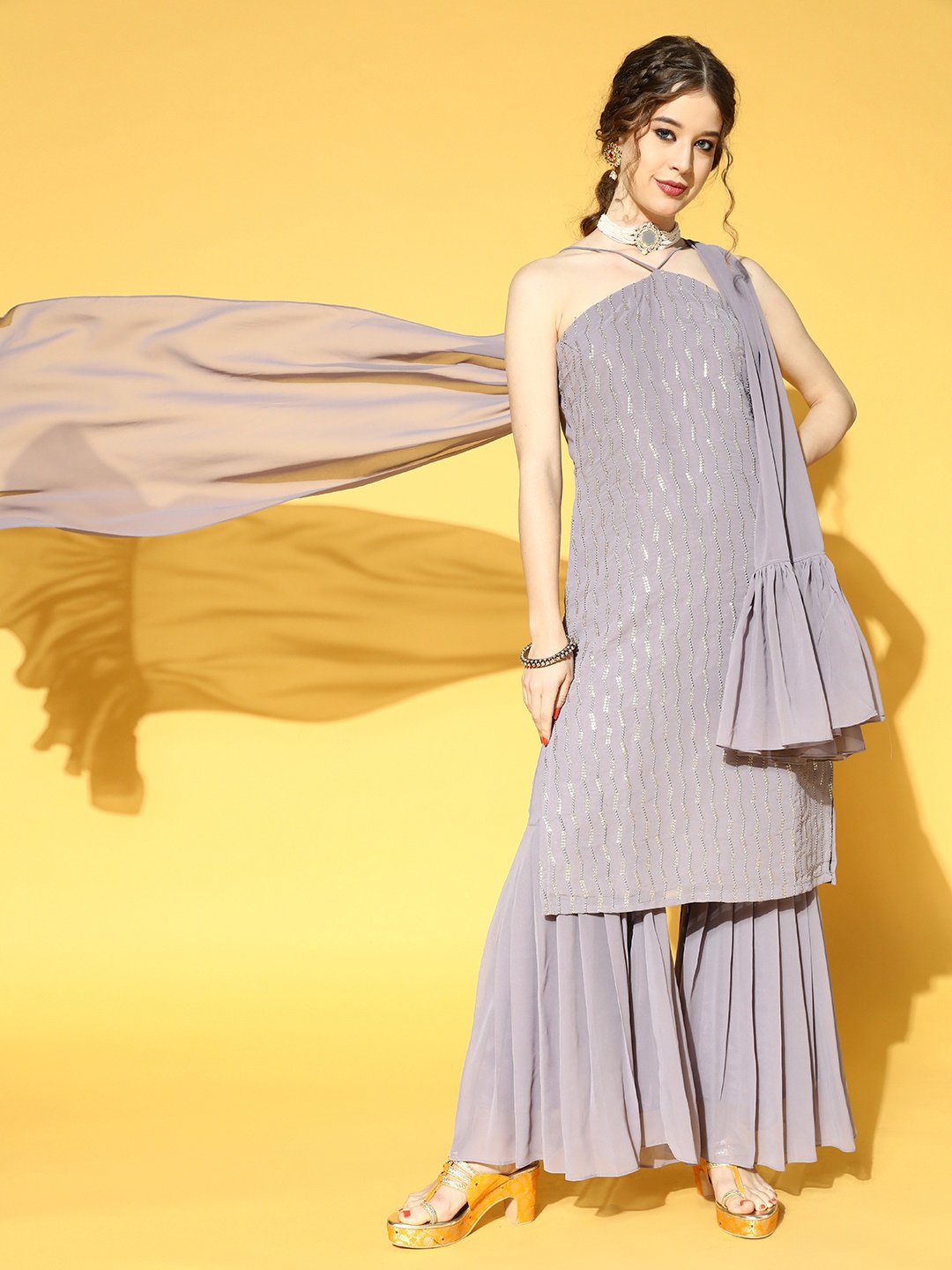 

Inddus Women Grey Sequinned Kurta with Sharara & Dupatta