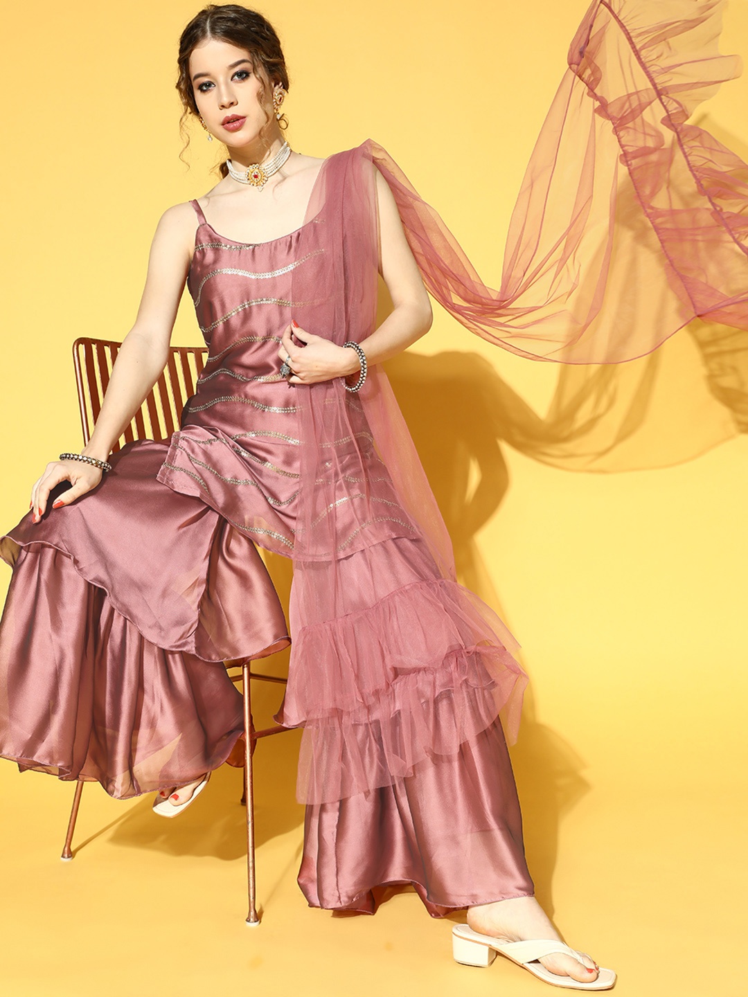 

Inddus Women Dusty Pink Sequinned Kurta with Sharara & Dupatta, Rose
