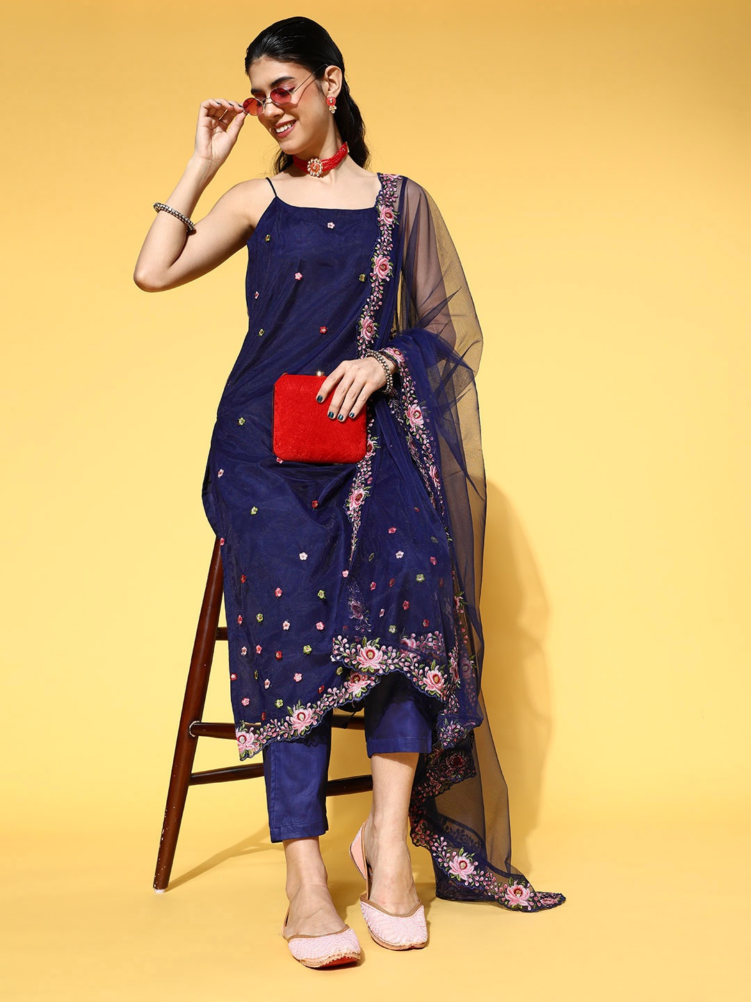 

Inddus Women Navy Blue Embroidered Thread Work Kurta with Trouser & Dupatta