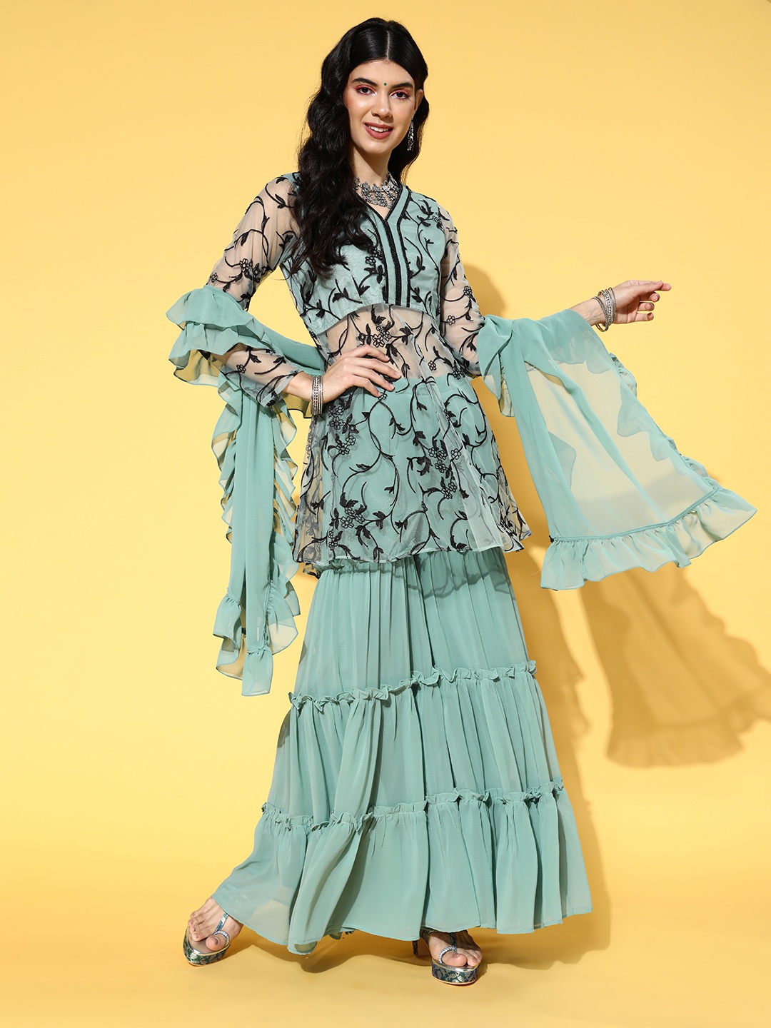 

Inddus Ethnic Motifs Net Sheer Kurta Set, Green