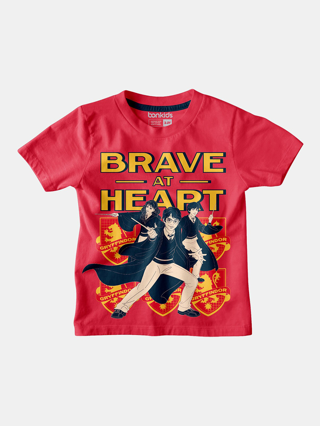 

BONKIDS Boys Red & Mustard Yellow Harry Potter Typography Printed Cotton T-shirt