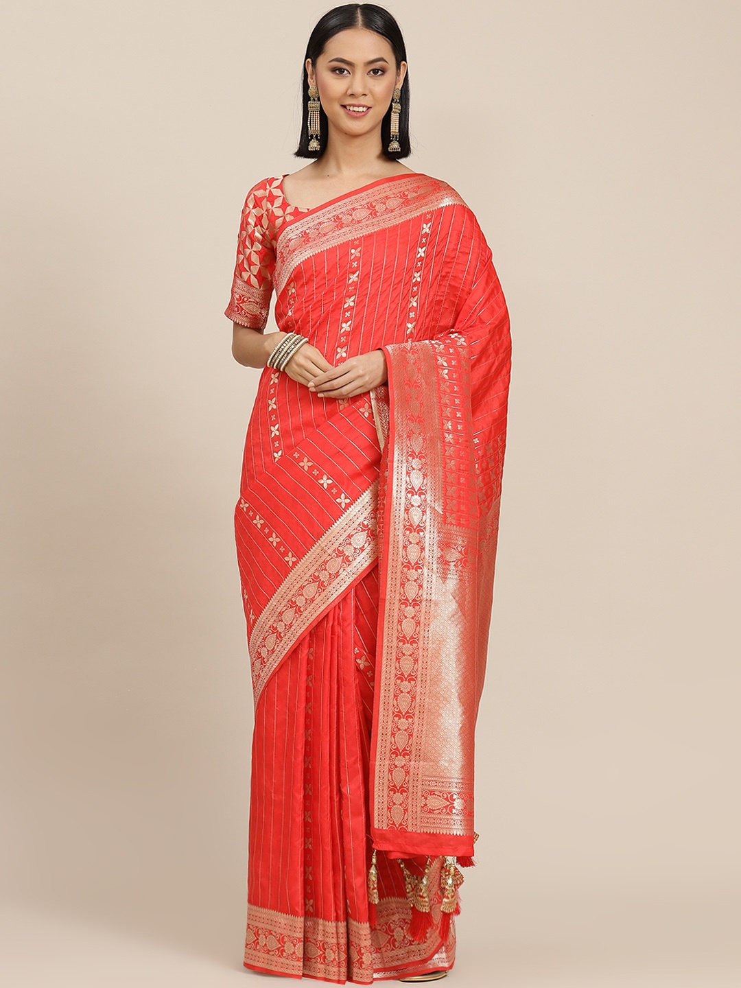 

Inddus Red & Golden Woven Design Zari Silk Blend Saree