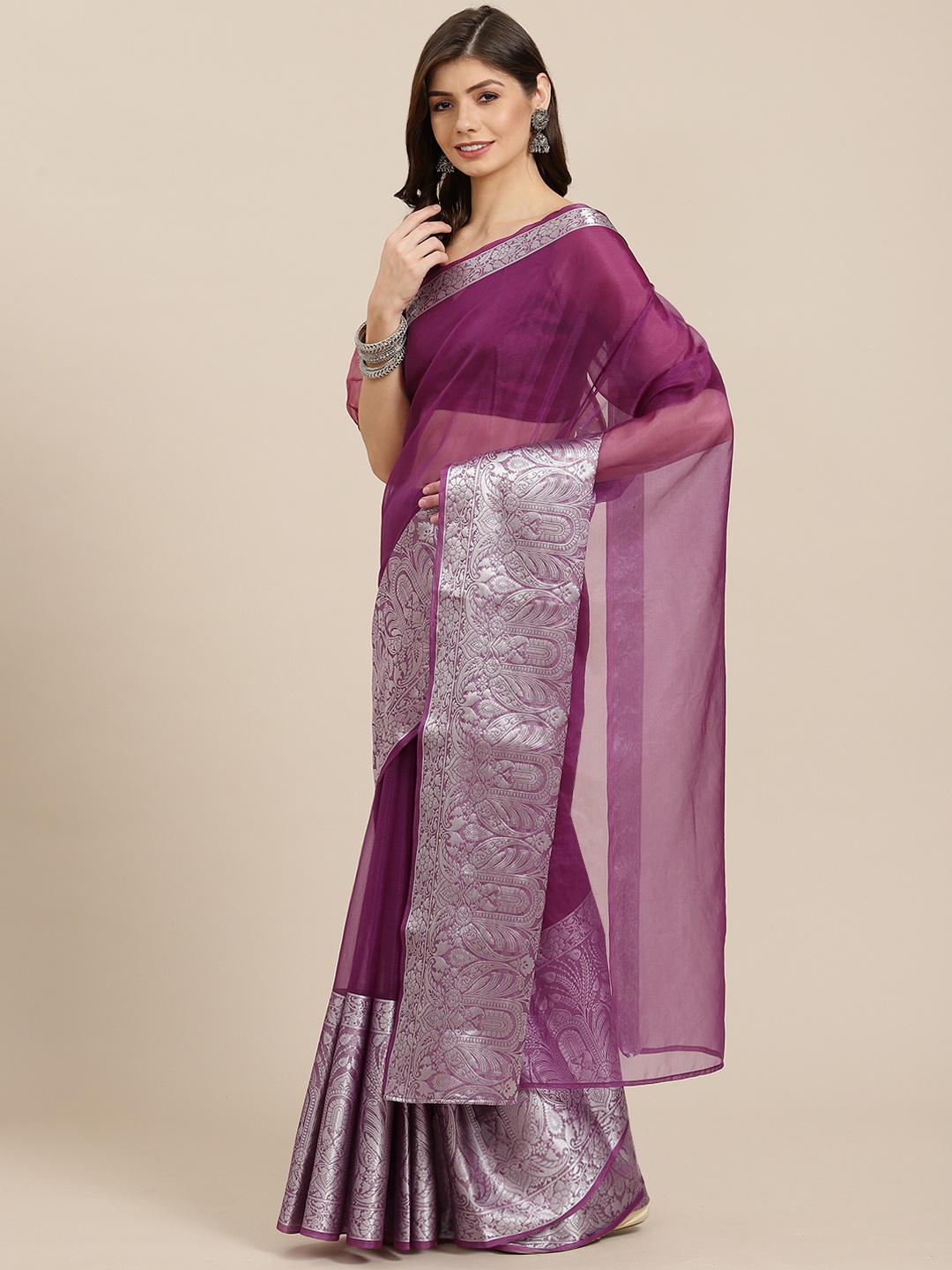 

Inddus Purple & Silver Woven Design Organza Saree