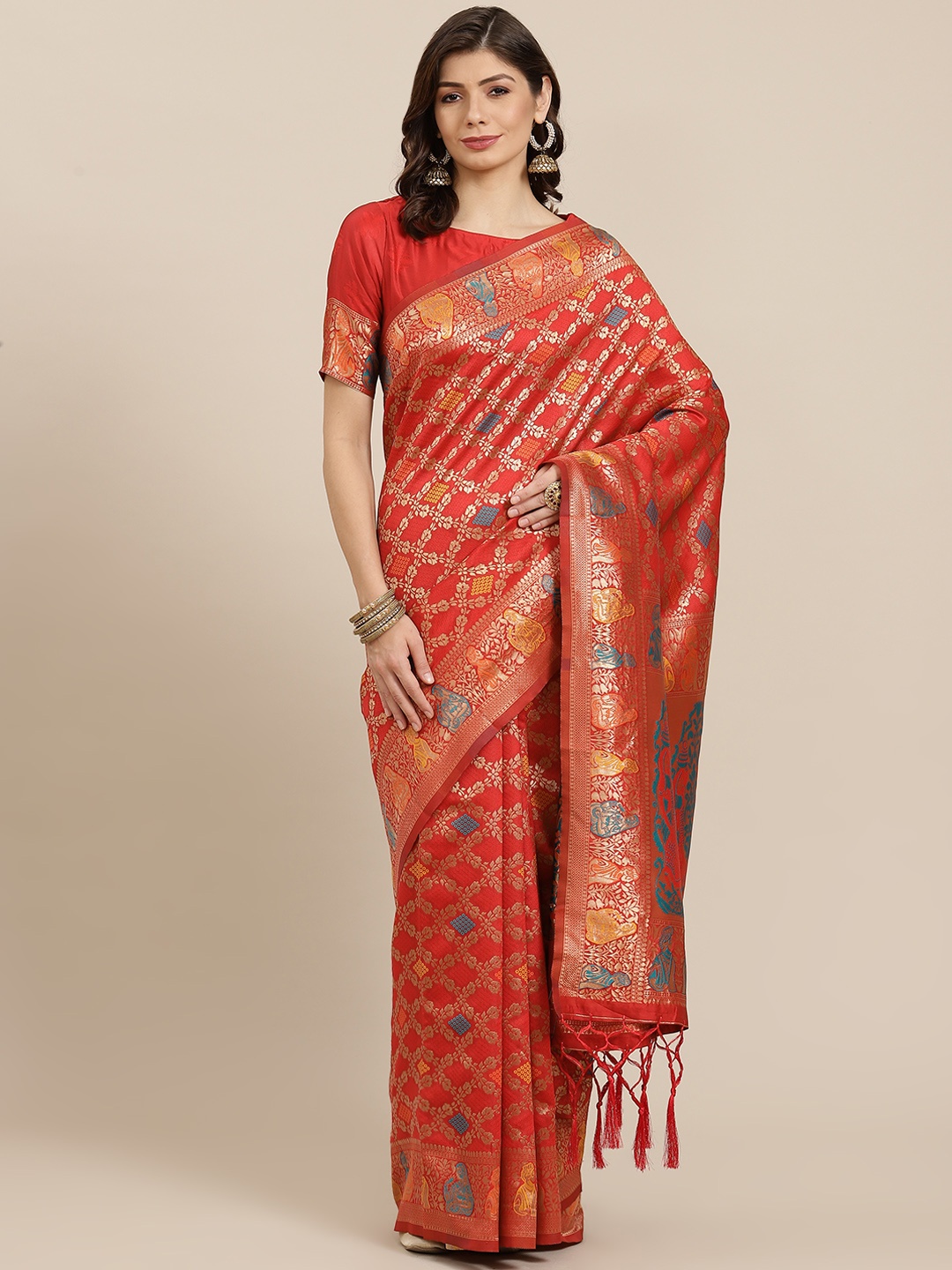 

Inddus Red & Golden Woven Design Zari Silk Blend Saree