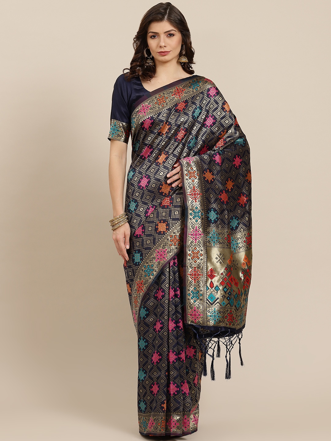 

Inddus Navy Blue & Golden Woven Design Zari Silk Blend Saree