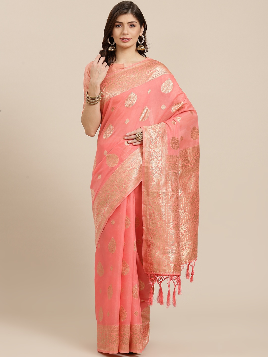 

Inddus Pink & Golden Woven Design Zari Silk Blend Banarasi Saree