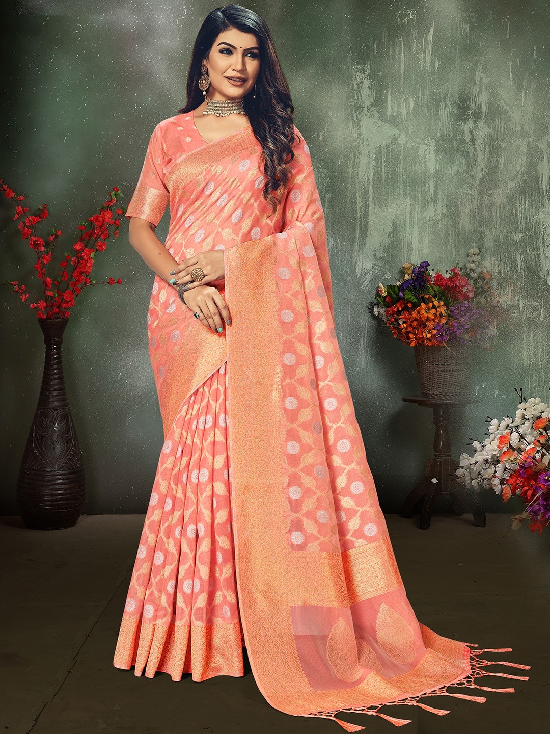 

Inddus Pink & Golden Woven Design Jaali Organza Banarasi Saree