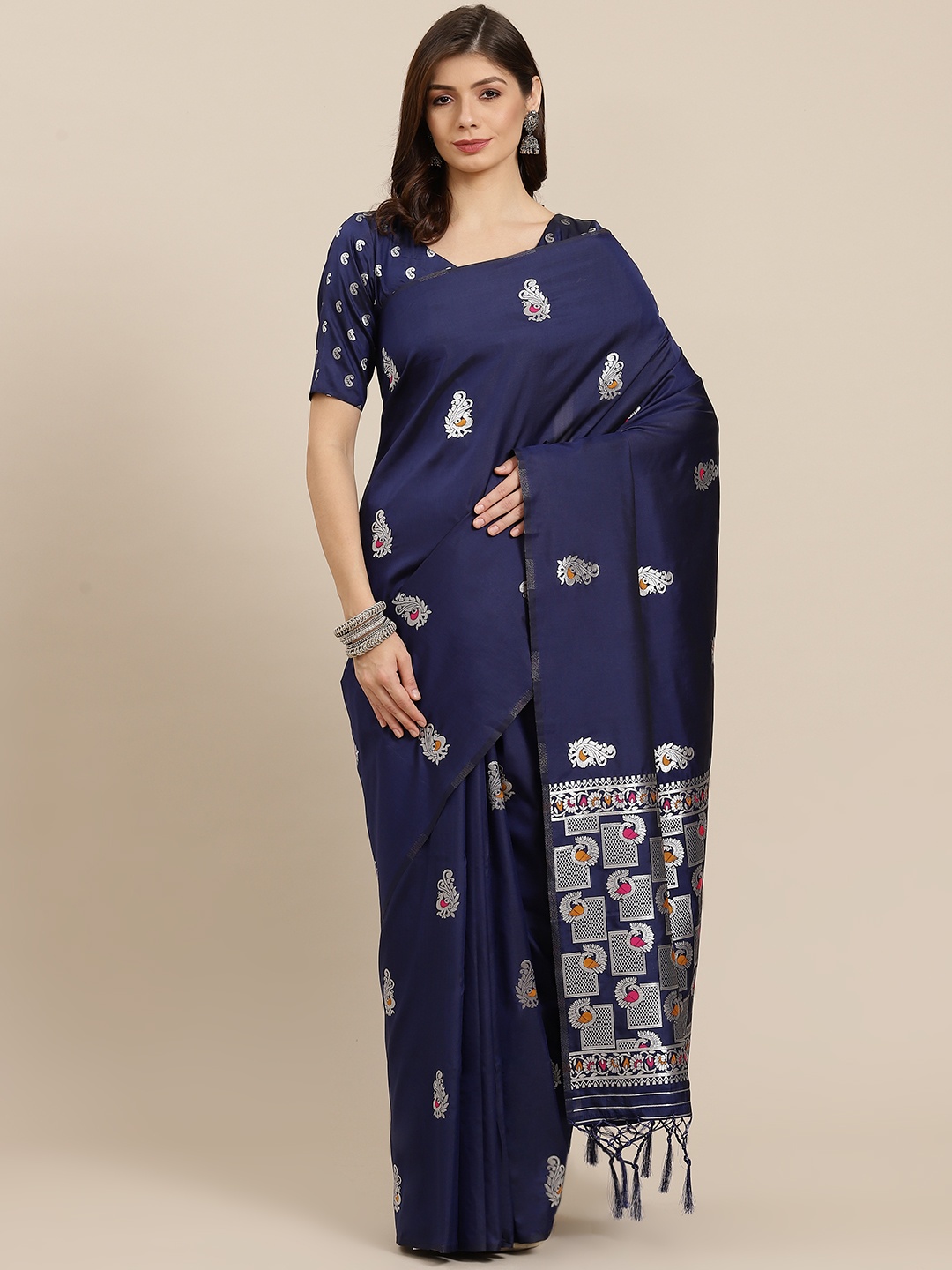 

Inddus Navy Blue & Silver Woven Design Silk Blend Banarasi Saree