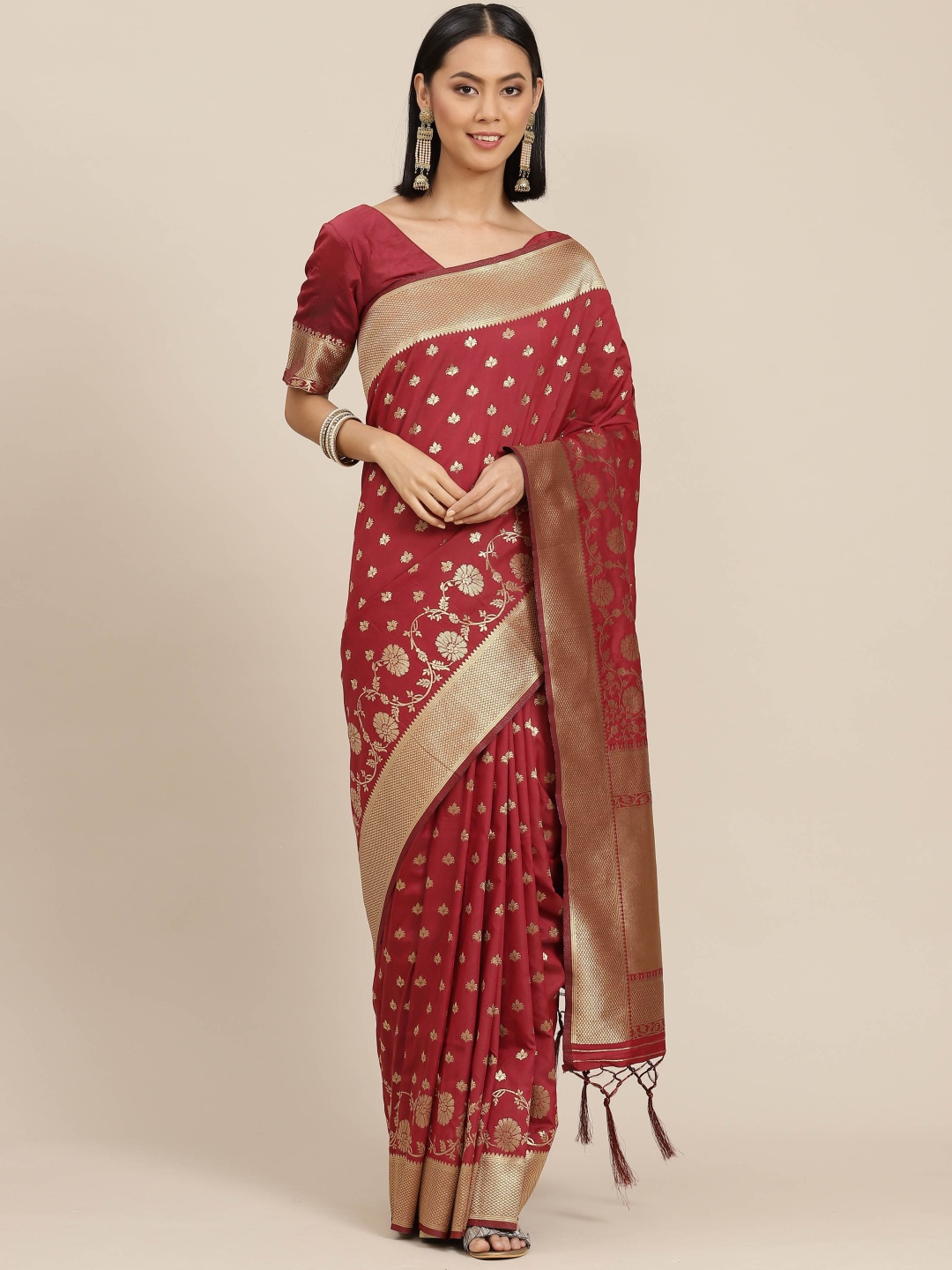 

Inddus Maroon & Golden Woven Design Silk Blend Banarasi Saree